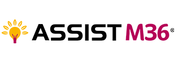 ASSISTM36 logo with light bulb icon and black and pink text