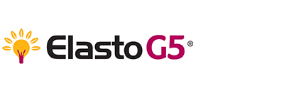 Elasto G5 logo with orange icon and black and magenta text
