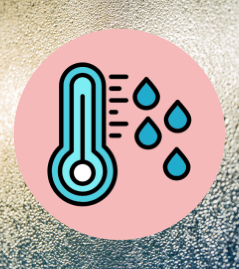 Thermometer and water drops icon on pink circle over textured gradient background