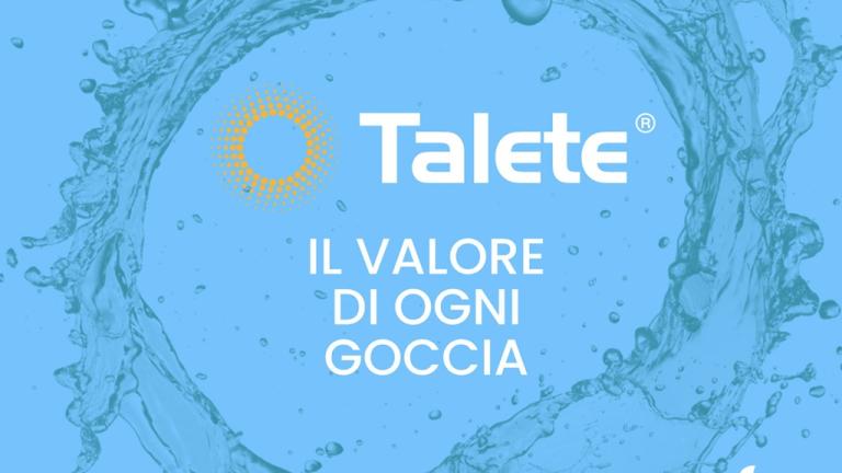Talete logo with Italian text over blue water splash background