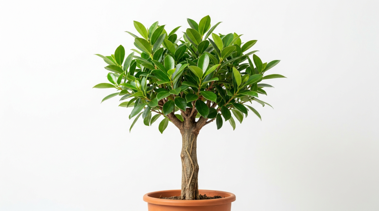 Small potted tree with glossy green leaves on a white background