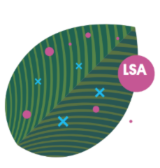 Green leaf graphic with blue and pink dots, and a pink “LSA” circle