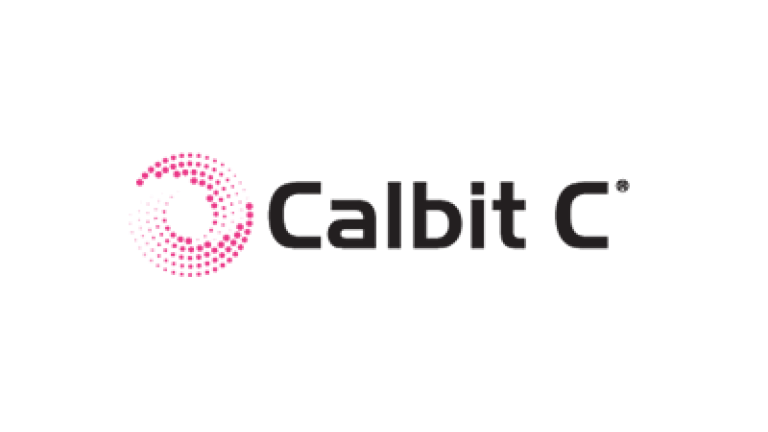 Calbit C logo with pink circular icon on gray checkered background