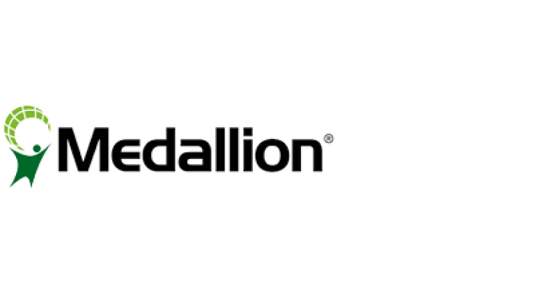 Medallion logo with a green leaf icon and black text on a white background