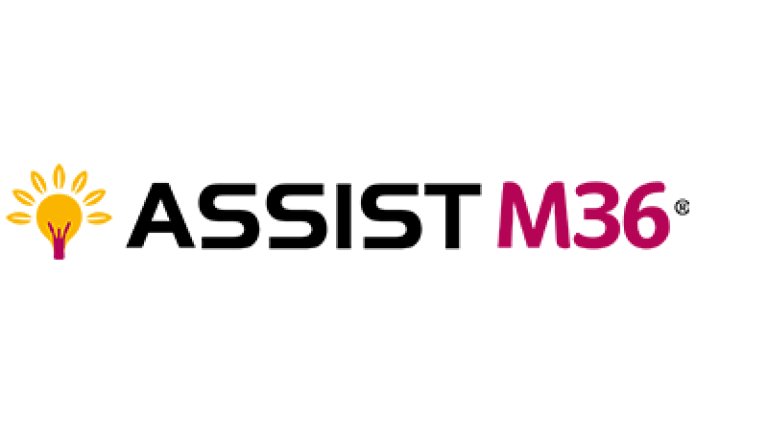 ASSISTM36 logo with light bulb icon and black and pink text