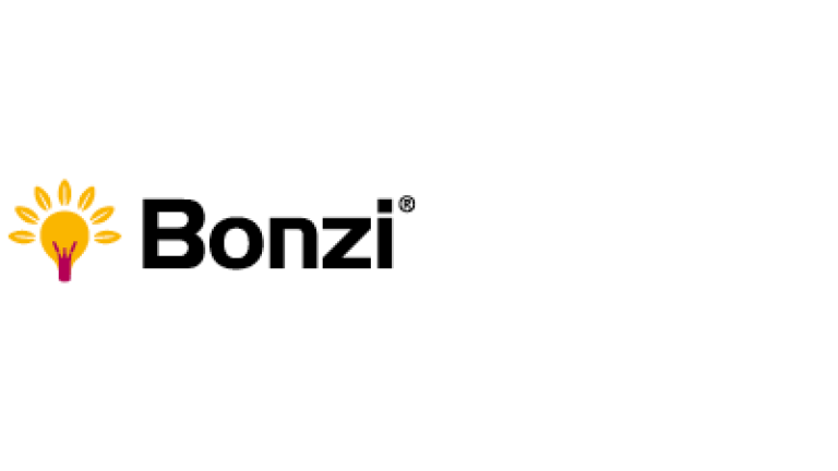 Bonzi logo with orange hand icon and black text on white background
