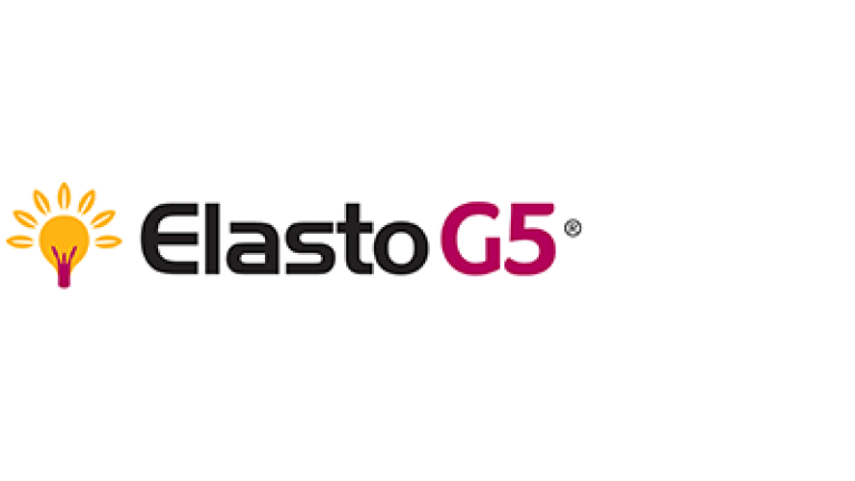 Elasto G5 logo with orange icon and black and magenta text